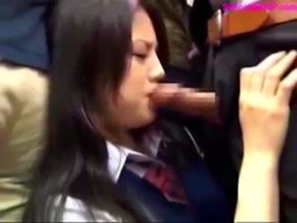 Schoolgirl Sucking And Jerking Off Business Man Cock Cum To Hands And Uniform On The Bus