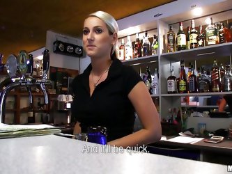 Lenka is a hot blonde bartender and agrees to go down on a horny stranger who approaches her at the bar. She gets on her knees in the back and starts 